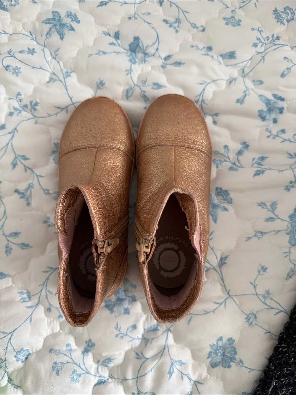Livie & Luca Metallic Rose Gold Kids Ankle Boots with Flower Patch